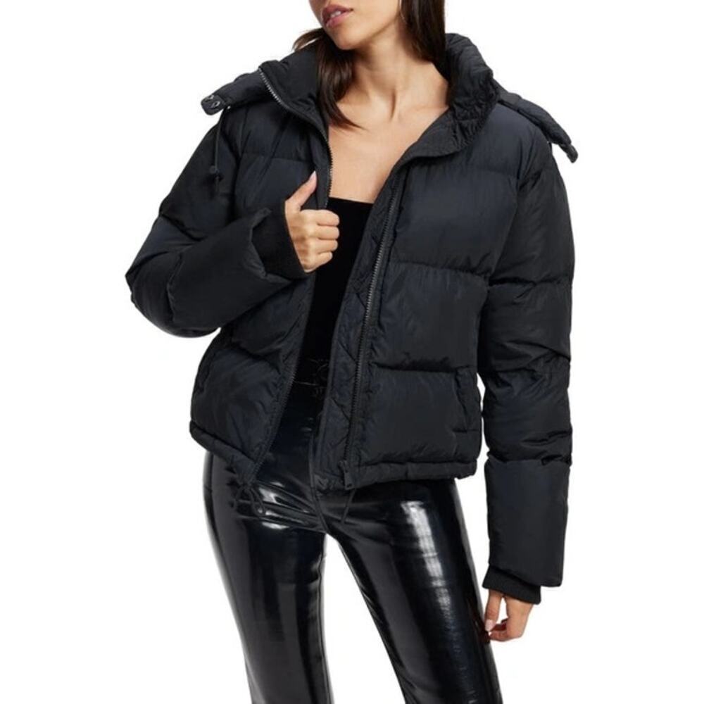 GOOD AMERICAN Hooded Puffer Jacket In Black Heavyweight Removable Hood Size XL